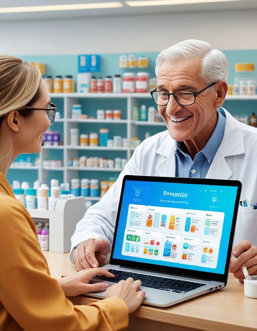 A digital pharmacy scene showcasing a sleek, modern e-pharmacy interface on a laptop screen, filled with various over-the-counter medication options. In the foreground, a diverse group of people, including an elderly man, a young woman, and a parent with a child, happily interacting with tablets and smartphones to order health products. Vibrant colors highlighting the medical products, with a backdrop of a futuristic pharmacy setting filled with virtual shelves. super-realistic. vibrant colors.