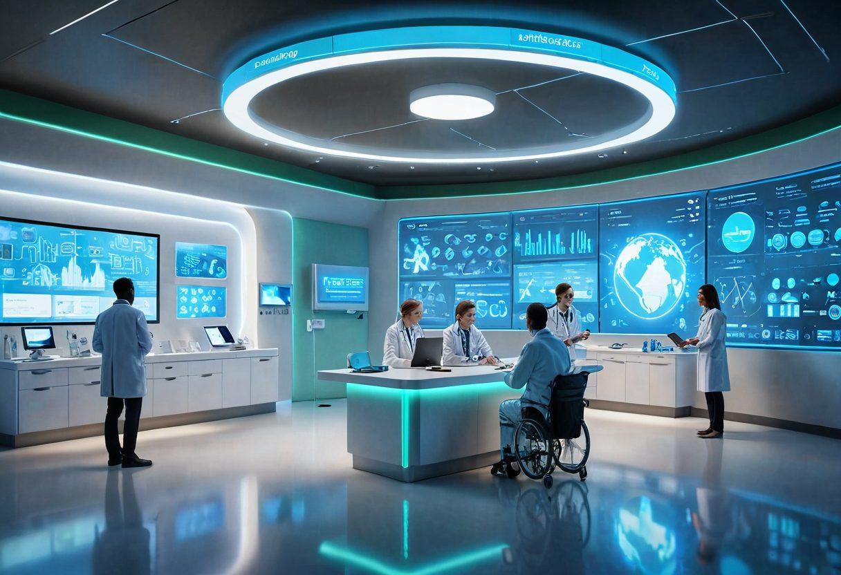 A futuristic healthcare scene showcasing an online pharmacy interface on a transparent holographic screen, surrounded by diverse healthcare professionals interacting with patients via digital devices. Include symbols of accessibility, like a globe and Wi-Fi signals, alongside pills and medical supplies to signify convenience and innovation. The background should suggest a high-tech environment with soft blue and green light, giving a sense of trust and safety. super-realistic. vibrant colors. 3D.