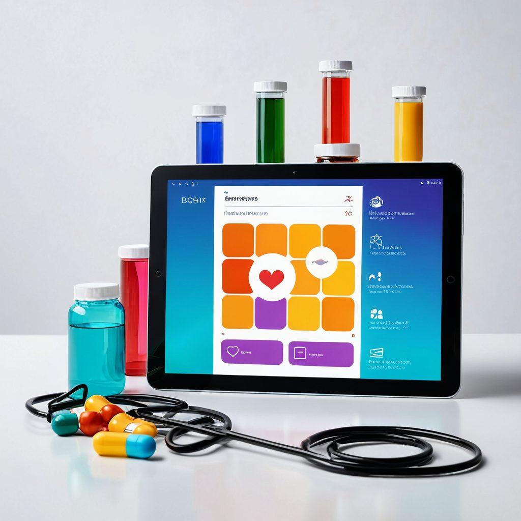 A modern digital pharmacy interface displayed on a sleek tablet, surrounded by colorful pill bottles and a stethoscope. A friendly pharmacist icon provides advice through a chat bubble, symbolizing accessibility and support. In the background, a cozy home setting with a soft presence of natural light to convey comfort and safety. super-realistic. vibrant colors. white background.